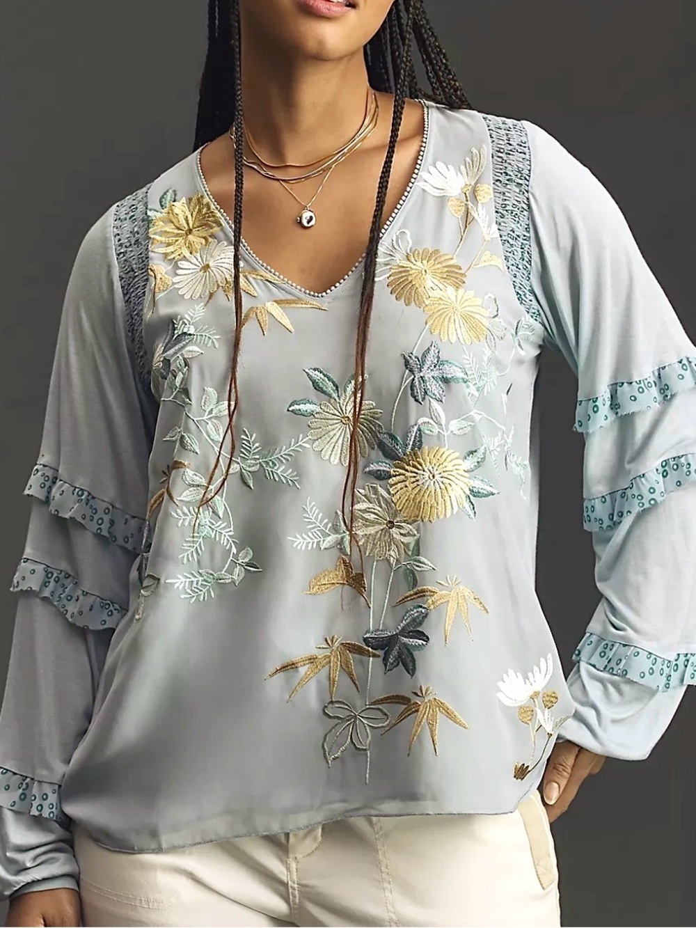 Anthropologie Tiny Frances Long Slv Ruffled Top L Blue Embroidered Floral Blouse